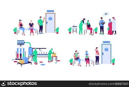 Hospital patients and workers flat color vector faceless character set. Vaccine production. Disease treatment. Vaccination isolated cartoon illustration for web graphic design and animation collection. Hospital patients and workers flat color vector faceless characters set