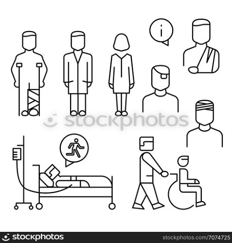 Hospital patients line icons set isolated on white. Medicine staff line style. Vector illustration. Hospital patients line icons set isolated on white