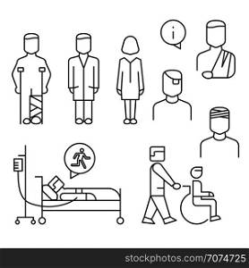 Hospital patients line icons set isolated on white. Medicine staff line style. Vector illustration. Hospital patients line icons set isolated on white