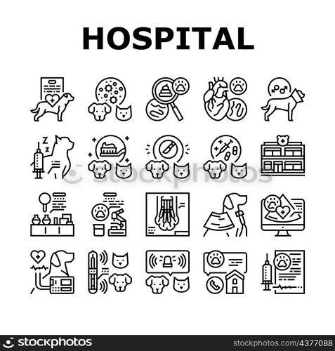 Hospital Pet Health Examination Icons Set Vector. Hospital Pet Disease Examining And Treatment, Immunization And Pain Management, Ultrasound And Radiology Animal Exam Black Contour Illustrations. Hospital Pet Health Examination Icons Set Vector