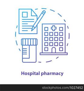 Hospital pharmacy concept icon. Medication idea thin line illustration. Intensive care pharmaceutical treatment. Ambulatory care prescription. Vector isolated outline drawing