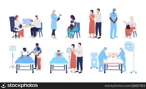 Hospital procedures semi flat color vector character set. Posing figures. Full body people on white. Medicine isolated modern cartoon style illustration for graphic design and animation collection. Hospital procedures semi flat color vector character set