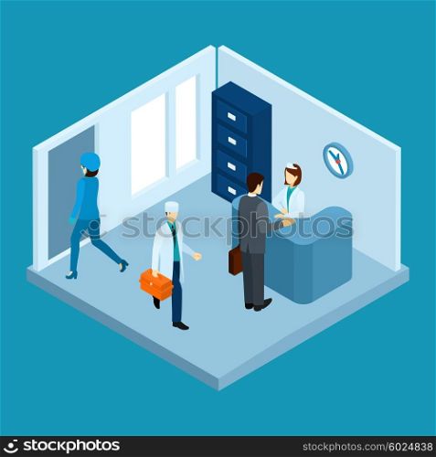 Hospital reception hall with personnel and patients isometric vector illustration. Hospital Reception Illustration