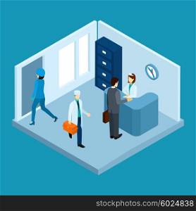 Hospital reception hall with personnel and patients isometric vector illustration. Hospital Reception Illustration