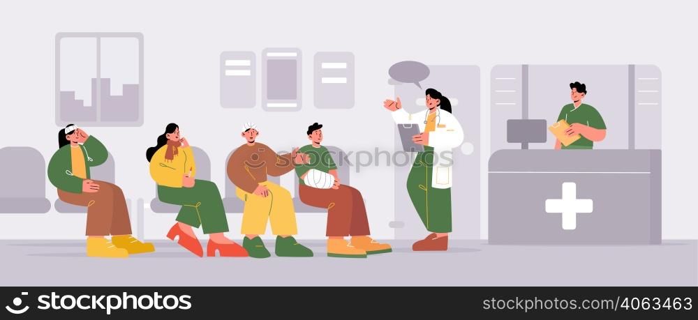 Hospital reception room with patients waiting in queue to doctor. Vector cartoon illustration of medical clinic hall interior with sick people with flu, injury, and headache. Hospital hall with patients in queue to doctor
