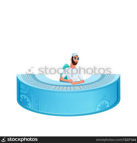 Hospital Receptionist or Clinic Reception Desk. New Medicine Illustration. Doctor Character in Medical Uniform at Registration Table on White Background Isolated. Flat Vector Cartoon. Hospital Receptionist or Clinic Reception Desk