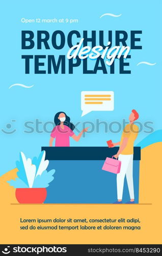 Hospital receptionist pointing at man without mask. Nurse, patient, quarantine flat vector illustration. Medicine and pandemic concept for banner, website design or landing web page