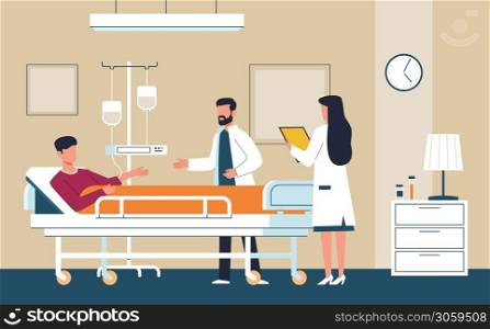 Hospital room. Doctor in uniform and nurse provide medical care to sick patient in intensive therapy ward lying on bed, consultation and diagnosis modern aid interior healthcare flat vector concept. Hospital room. Doctor in uniform and nurse provide medical care patient in intensive therapy ward lying on bed, consultation and diagnosis aid interior healthcare flat vector concept