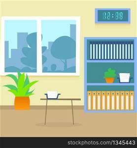 Hospital Room Flat Illustration. Medical Cabinet with Furniture. Pediatrician Doctor Office Workplace with Window Cityscape Panorama. Vector Work Interior with Table. Therapy Practitioner.. Hospital Room Flat Illustration. Medical Cabinet.