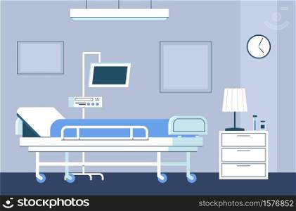 Hospital room interior. Modern intensive therapy ward with bed on wheels and medical equipment emergency clinic with furniture monitor and dropper healthcare vector flat aid concept in blue colors. Hospital room interior. Modern intensive therapy ward with bed on wheels and medical equipment emergency clinic with furniture and dropper healthcare vector flat concept in blue colors