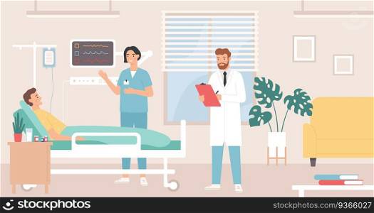 Hospital room. Patient in bed hospital ward, doctor and nurse provide medical care, intensive therapy, healthcare flat vector concept. Man character lying in bed with dropper having treatment. Hospital room. Patient in bed hospital ward, doctor and nurse provide medical care, intensive therapy, healthcare flat vector concept