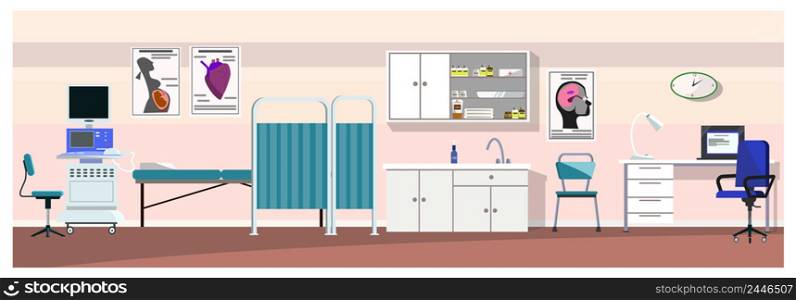 Hospital room with ultrasound scanner vector illustration. Pink wall in clinic with medical equipment. Medical examination concept. Hospital room with ultrasound scanner vector illustration