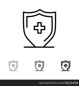 Hospital, Sign, Board, Shield Bold and thin black line icon set