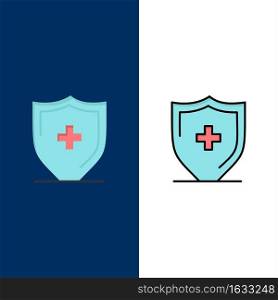 Hospital, Sign, Board, Shield  Icons. Flat and Line Filled Icon Set Vector Blue Background