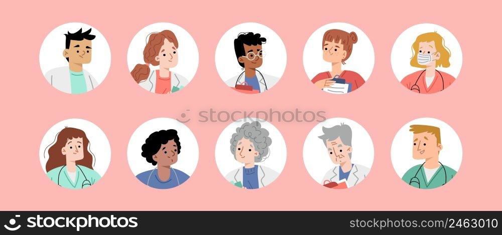 Hospital staff avatars, round icons with diverse healthcare doctors. Young and senior nurse, surgeon or therapist characters in medical robes. Clinic workers Cartoon linear flat vector illustration. Hospital staff avatars, round icons with doctors