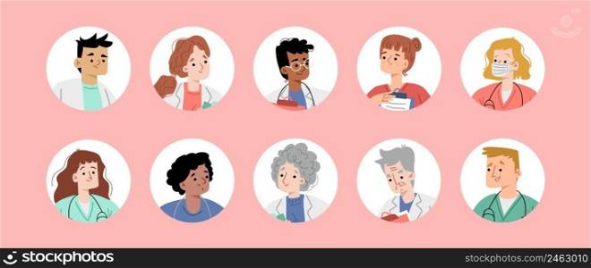 Hospital staff avatars, round icons with diverse healthcare doctors. Young and senior nurse, surgeon or therapist characters in medical robes. Clinic workers Cartoon linear flat vector illustration. Hospital staff avatars, round icons with doctors