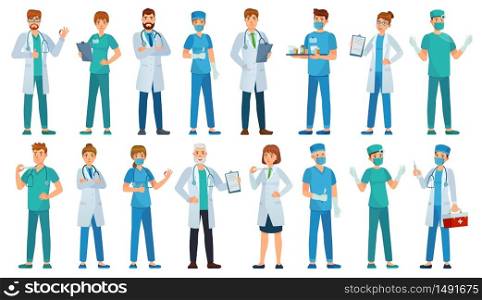 Hospital staff. Clinic workers, pharmacist, nurse in uniform and ambulance doctors characters cartoon vector illustration set. Medical staff, pharmacist and physician doctor, paramedic and chemist. Hospital staff. Clinic workers, pharmacist, nurse in uniform and ambulance doctors characters cartoon vector illustration set