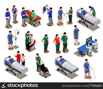 Hospital staff, doctors and patients, medical examination, clinic equipment, set of isometric people isolated vector illustration. Hospital Staff Patients Isometric People