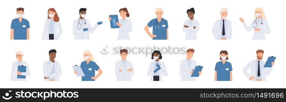 Hospital staff. Doctors in white coats portrait, nurse in face mask and medical student. Doctor with stethoscope vector illustration . Pediatrician healthcare specialist, man and woman students. Hospital staff. Doctors in white coats portrait, nurse in face mask and medical student in scrubs. Doctor with stethoscope vector illustration set