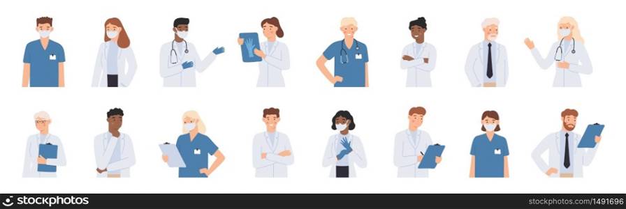 Hospital staff. Doctors in white coats portrait, nurse in face mask and medical student. Doctor with stethoscope vector illustration . Pediatrician healthcare specialist, man and woman students. Hospital staff. Doctors in white coats portrait, nurse in face mask and medical student in scrubs. Doctor with stethoscope vector illustration set