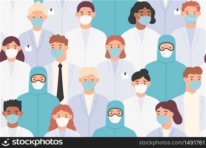 Hospital staff pattern. Doctors and nurses in protective medical masks. Covid 19 pandemic, coronavirus Seamless vector texture. Medical epidemic against 2019-ncov, seamless people in mask illustration. Hospital staff pattern. Doctors and nurses in protective suits and medical masks. Covid 19 pandemic, coronavirus Seamless vector texture