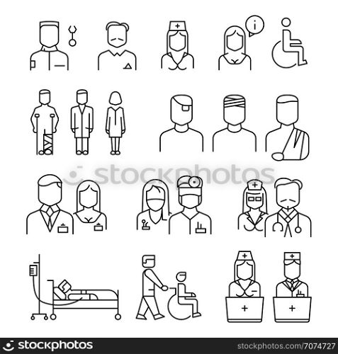 Hospital staff thin line icons set. Specialist and patient, vector illustration. Hospital staff thin line icons set