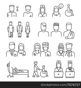 Hospital staff thin line icons set. Specialist and patient, vector illustration. Hospital staff thin line icons set