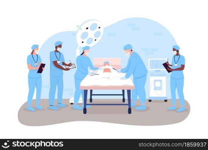 Hospital surgery 2D vector isolated illustration. Doctors and nurses in operation room. Surgeons and medical interns flat characters on cartoon background. Clinical procedure colourful scene. Hospital surgery 2D vector isolated illustration