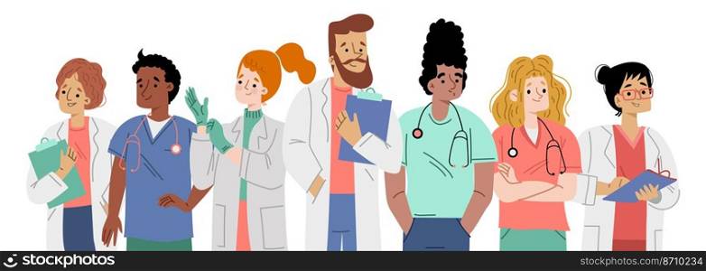 Hospital team, diverse healthcare staff, doctor, nurse, surgeon or therapist characters in medical robes. Clinic workers, medicine profession personages group, Cartoon linear flat vector illustration. Hospital team, diverse healthcare staff, doctors