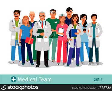 Hospital team isolated on white background. Doctor and assistant, nurses and medical helping group vector illustration. Hospital team isolated on white background