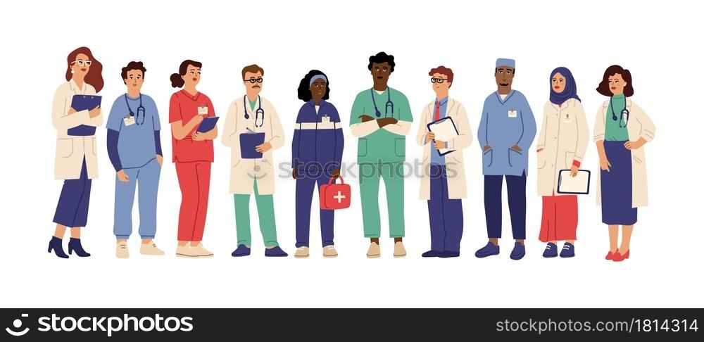 Hospital team. Medical employees in uniform, healthcare workers administrator doctor. Pharmacist clinic staff swanky vector. Medical team doctor, specialist hospital and staff clinic illustration. Hospital team. Medical employees in uniform, healthcare workers administrator doctor nurse. Pharmacist clinic staff swanky vector characters
