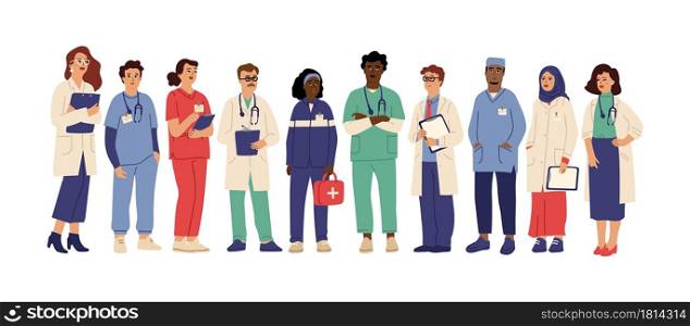 Hospital team. Medical employees in uniform, healthcare workers administrator doctor. Pharmacist clinic staff swanky vector. Medical team doctor, specialist hospital and staff clinic illustration. Hospital team. Medical employees in uniform, healthcare workers administrator doctor nurse. Pharmacist clinic staff swanky vector characters