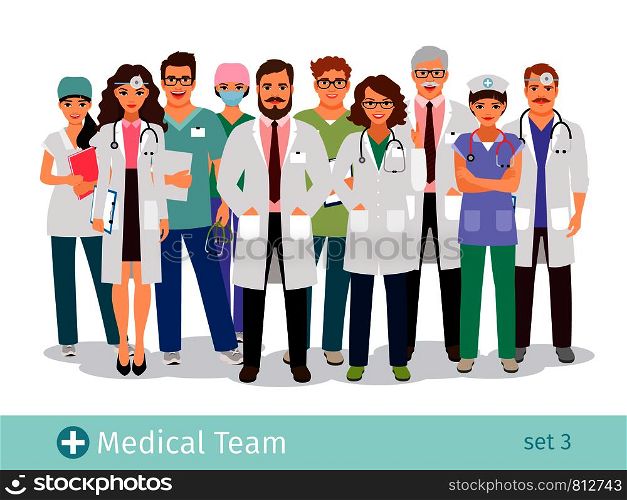 Hospital team. Medical staff flat professionals group in uniform vector illustration. Medical staff professionals group in uniform