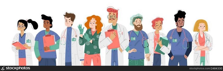 Hospital team with doctors and nurses in uniform. Vector flat illustration of group of happy people, professional medical staff in health clinic or medicine center. Hospital team with doctors and nurses in uniform