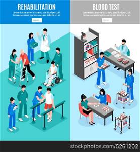 Hospital Vertical Isomeric Banners Set. Hospital vertical isometric banners set with lab blood test and rehabilitation center patients treatment isolated vector illustrations