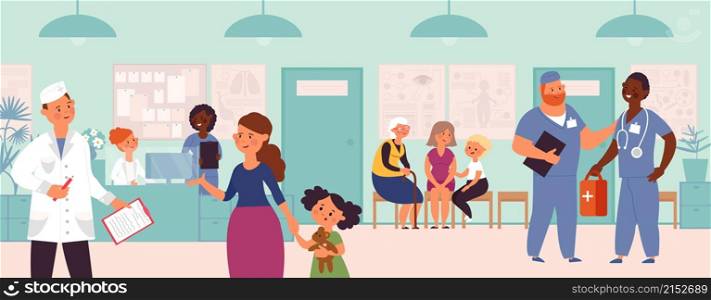 Hospital visiting. Waiting line, clinic interior and patients. Medical staff, flat doctor at reception. People in medicine decent vector illustration. Hospital clinic service, medicine examination. Hospital visiting. Waiting line, clinic interior and patients. Medical staff, flat doctor at reception. People in medicine decent vector illustration