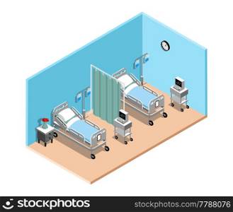 Hospital ward isometric interior with specialized medical beds for bedridden patients dropper and cardiograph vector illustration . Hospital Ward Isometric Interior