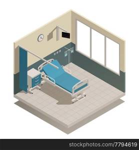Hospital ward with medical equipment furniture isometric composition with bed infusion and room dividing curtain vector illustration . Hospital Ward Equipment Isometric Composition