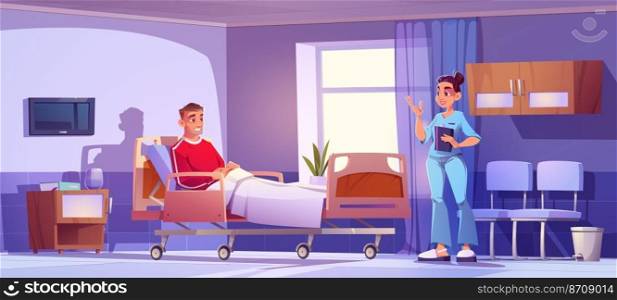 Hospital ward with patient on adjustable bed and woman doctor. Clinic room with of sick man and nurse or medical worker, nightstand, chairs and tv on wall, vector cartoon illustration. Hospital ward with patient on bed and doctor