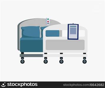 Hospital wheeled bed with blue linen and pillows isolated on white background. Vector illustration of hotel equipment with emergency button on top. Hospital Wheeled Bed Icon Vector Illustration