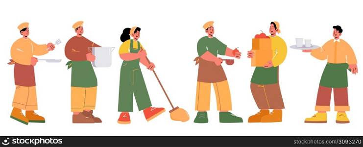 Hospitality and food industry employees, people farmer with harvest in box, janitor with mop, restaurant chef and waiter, cafe team men and women characters in uniform, Line art vector illustration. Hospitality and food industry employees characters
