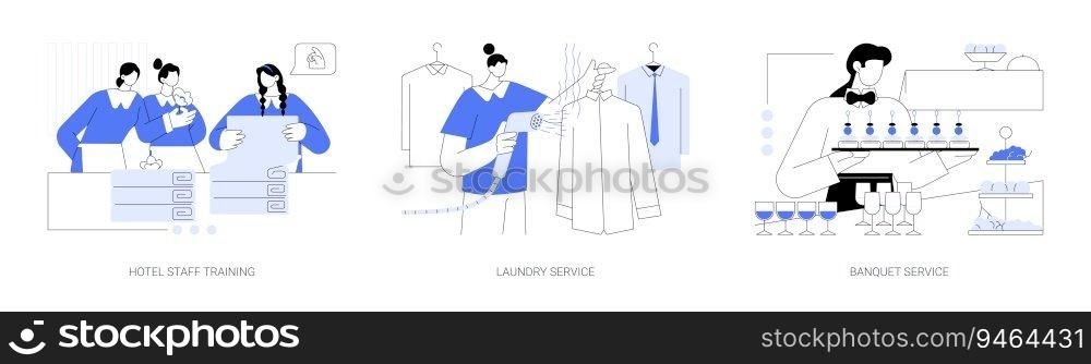 Hospitality business abstract concept vector illustration set. Hotel staff training, laundry and ironing service, banquet and catering event, hotel waitress serving dishes abstract metaphor.. Hospitality business abstract concept vector illustrations.