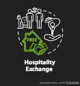 Hospitality exchange chalk RGB color concept icon. Money saving tourism, cheap accommodation idea. Free stay arrangement. Vector isolated chalkboard illustration on black background