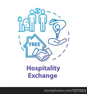 Hospitality exchange concept icon. Budget tourism, cheap accommodation idea thin line illustration. Affordable rest. Free stay arrangement. Vector isolated outline RGB color drawing