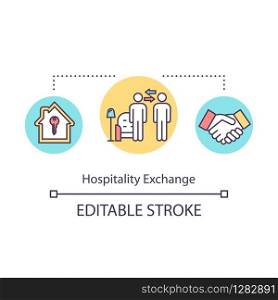 Hospitality exchange concept icon. Budget travel, free accommodation idea thin line illustration. Low cost tourism, mutual benefit. Vector isolated outline RGB color drawing. Editable stroke