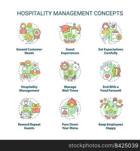 Hospitality management concept icons set. Restaurant, hotel industry idea thin line color illustrations. Guest experience. Isolated symbols. Editable stroke. Roboto-Medium, Myriad Pro-Bold fonts used. Hospitality management concept icons set