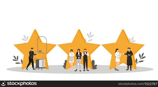Hospitality service flat color vector illustration. Porter, resort manager, doorman. Housekeeper, waiter, administrator. Rating stars. Hotel staff isolated cartoon characters on white