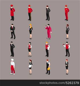 Hospitality Staff Characters Collection. Valet set of isolated hotel employee characters bell attendants waiters receptionists and chambermaid in appropriate uniform vector illustration