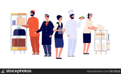 Hospitality workers. Hotel staff characters, receptionist porter maid doorman chef. Hostel team, travel and tourism vector illustration. Professional service hotel, employee and manager receptionist. Hospitality workers. Hotel staff characters, receptionist porter maid doorman chef. Hostel team, travel and tourism vector illustration