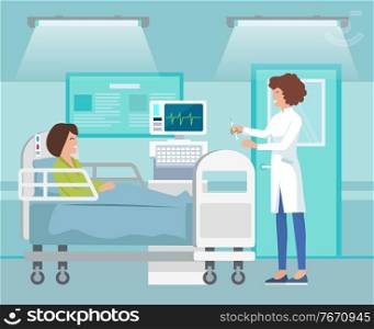 Hospitalization of the patient. A nurse or doctor wearing uniform with medicine taking care of a sick woman lying in a medical bed. Nurse making an injection to a sick patient in the treatment room. Hospitalization of the patient. A nurse medicine taking care of a sick woman lying in a medical bed
